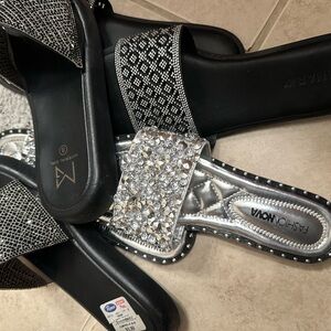 Fashion Nova Silver and Black Embellished Slides